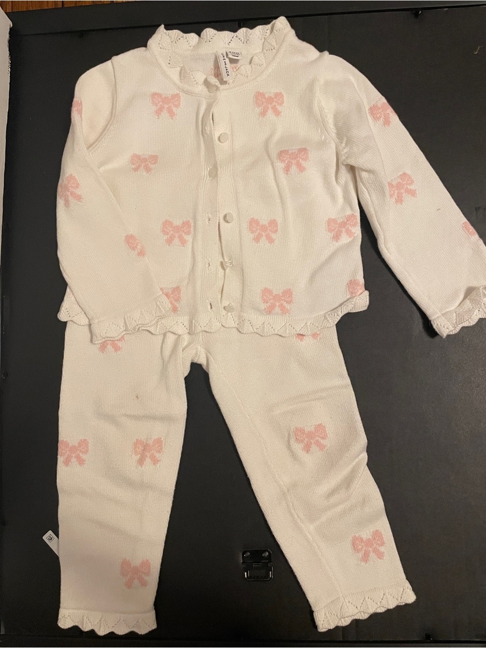 Janie and Jack Toddler White Knit Set with Pink Bow Pattern